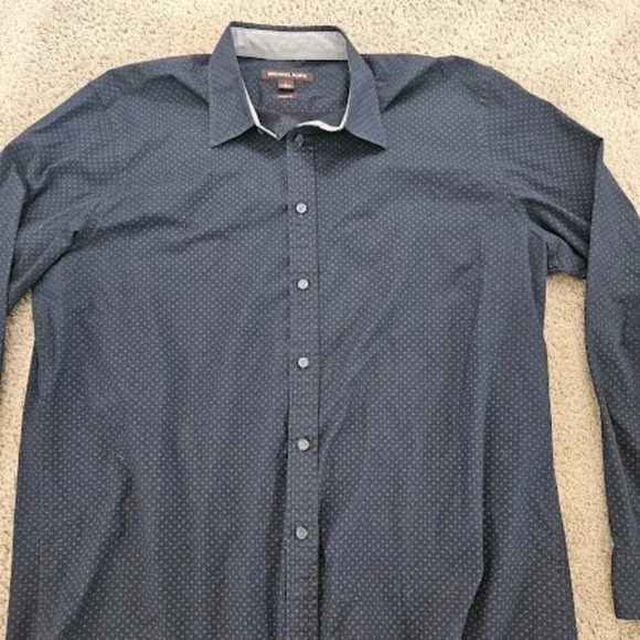 Michael Kors Men Size Large Navy Blue Printed Classic Fit Button Down Shirt - Picture 4 of 6